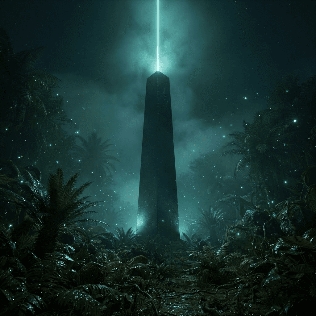 An obsidian monolith projecting a cyan beacon into the mist above a prehistoric jungle